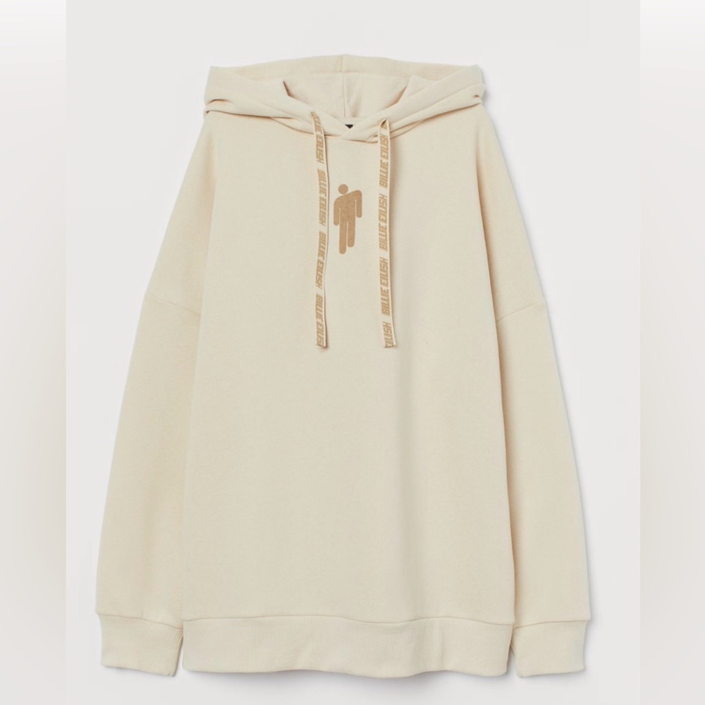 Billie Eilish Cream Beige Oversized Hoodie with Logo Small